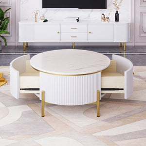 English Elm Modern Round Coffee Table with 2 Large Drawers, Marble-Pattern MDF Top & Gold Legs for Stylish Storage N735P211280K