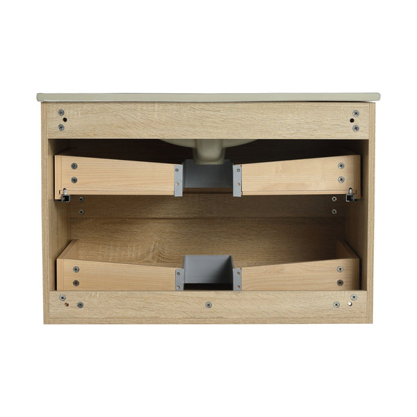 English Elm 30" Wall-Mounted Bathroom Vanity With Black Sink, Soft-Close Drawers, Modern Space-Saving Design W999S00194