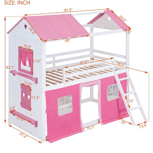 English Elm Twin Playhouse Bunk Bed Pinewood Cottage Style with Framed Windows and Cozy Lower Nook LT000359AAH