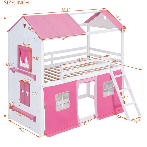 English Elm Twin Playhouse Bunk Bed Pinewood Cottage Style with Framed Windows and Cozy Lower Nook LT000359AAH