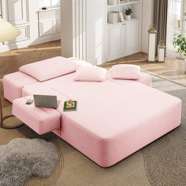 English Elm Luxurious Corduroy Frameless Chaise with Sleeper Conversion Foam Cushioning and Storage Pocket Baby Pink W3219P459763