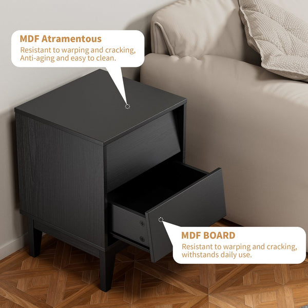 English Elm 2 Nightstands Vintage Bevel Design with Hidden Drawer Pulls and Solid Wood Legs for Stable Style Black W578P192479