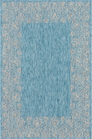 Unique Loom Outdoor Border Floral Border Machine Made Floral Rug Aqua, Ivory/Gray 6' 1" x 9' 0"