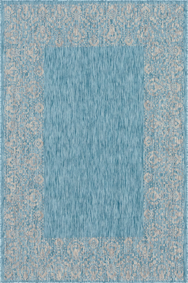 Unique Loom Outdoor Border Floral Border Machine Made Floral Rug Aqua, Ivory/Gray 6' 1" x 9' 0"