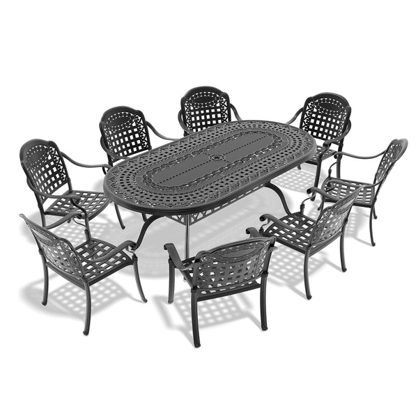English Elm 9-Piece Cast Aluminum Patio Set With Blue Cushions - Durable Outdoor Dining For 8, Umbrella Ready! W1710S00198