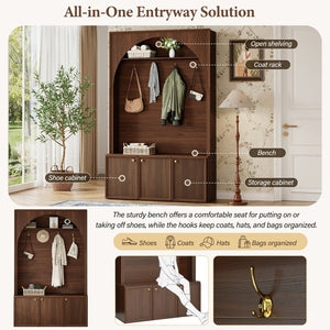 English Elm On-trend Farmhouse Hall Tree Arched Cabinet Storage Bench with Golden Hooks Mudroom Walnut N721S000080P