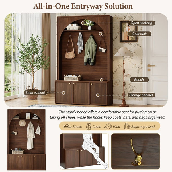 English Elm On-trend Farmhouse Hall Tree Arched Cabinet Storage Bench with Golden Hooks Mudroom Walnut N721S000080P