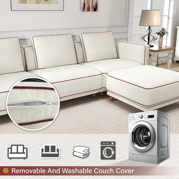 English Elm Modular Sectional Sofa: 157.5-Inch Extra-Large Cloud Sofa With Washable Cushions & Ottoman, White Luxe T3966S00011