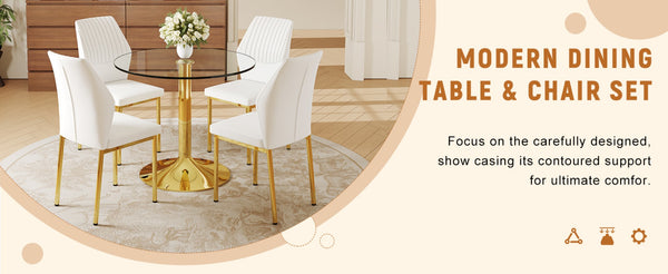 English Elm Table And Chair Set - 35" Round Tempered Glass Dining Table With Gold Metal Base & 4 White Chairs W1151S03703-GIGA