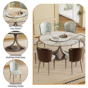 English Elm 59" Round Dining Table With 360° Rotating Lazy Susan - Scratch-Resistant Stone Top For Family Gatherings W2699S00055