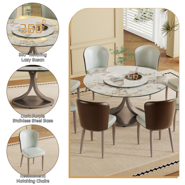 English Elm 59" Round Dining Table With 360° Rotating Lazy Susan - Scratch-Resistant Stone Top For Family Gatherings W2699S00055