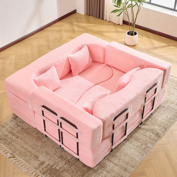 English Elm 71-inch folding sofa bed with plush fur cover, high-density foam futon sleeper, modern modular comfort Pink W1829S00065