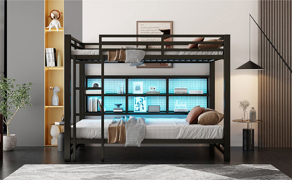 English Elm Metal Queen over Queen Bunk Bed with Storage Cabinets, LED Lighting, Sturdy Black Metal Frame, Space-Saving Design N7090000672B