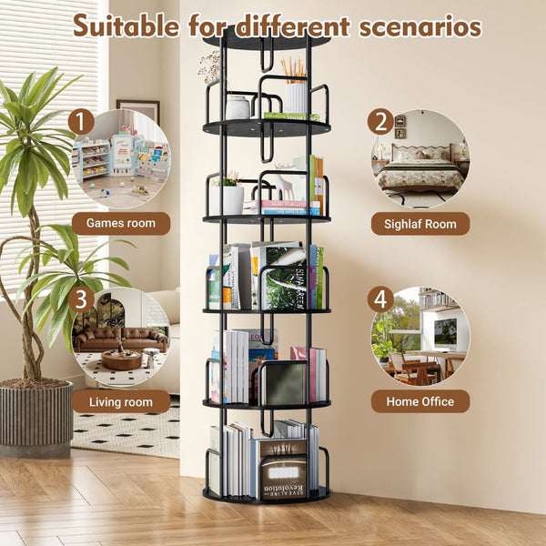 English Elm Rotating 5 Tier Spinning Bookcase Tower Slim 360 Degree Turntable Metal Frame Organizer Black W3166P367342