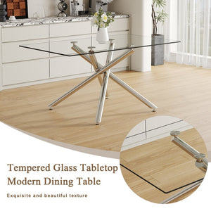 English Elm Table Set - Modern Luxurious Transparent Glass Dining Table With 4 White Pu Chairs & Silver Legs W1151S04192-GIGA