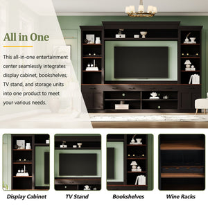 English Elm On-Trend Farmhouse 4-Piece Tv Entertainment Wall Unit For 70" Tvs, Walnut Finish & Wine Rack Storage N721S000046B-GIGA