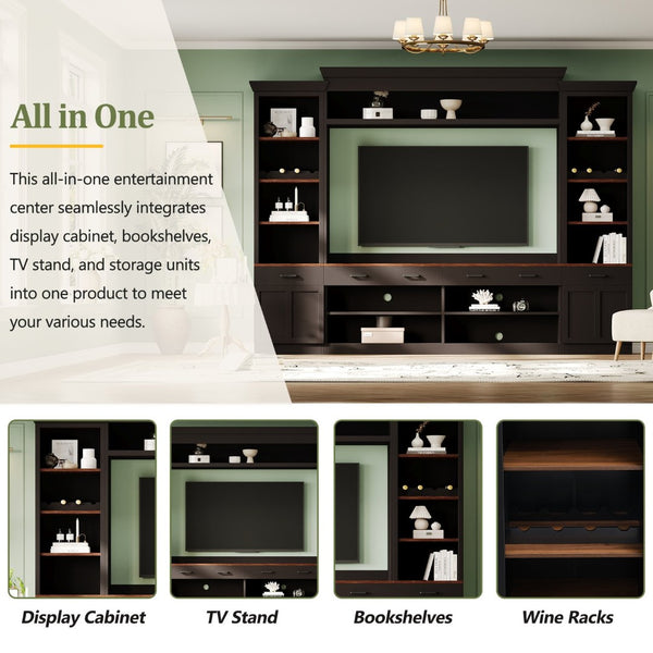 English Elm On-Trend Farmhouse 4-Piece Tv Entertainment Wall Unit For 70" Tvs, Walnut Finish & Wine Rack Storage N721S000046B-GIGA