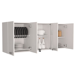 English Elm Yuma 150" White Wall Cabinet with Two Enclosed Cabinets, Glass-Covered Shelves & Built-In Dish Rack B128P148995