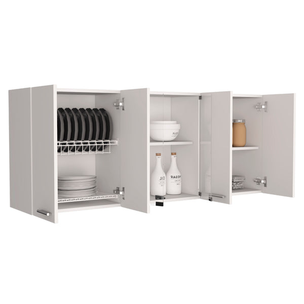 English Elm Yuma 150" White Wall Cabinet with Two Enclosed Cabinets, Glass-Covered Shelves & Built-In Dish Rack B128P148995