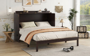 English Elm Queen Size Murphy Bed – Elegant Pine Wood Cabinet With Power Station & Rattan Accents, Espresso Finish W504S00235-GIGA