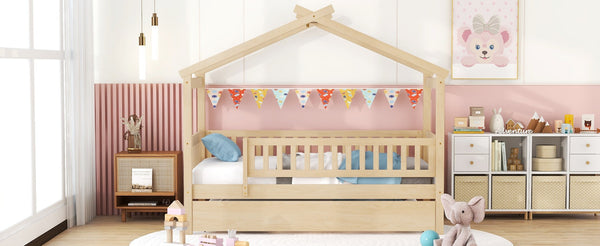 English Elm Twin House Bed with Trundle Solid Pine Frame Walnut Kids Bedroom Sleepover N708P357115N