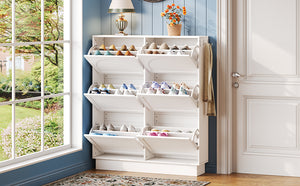 English Elm Modern Narrow Tipping Shoe Cabinet with 6 Flip Drawers, Slim 9.45" Space-Saving Cream Organizer with Hooks and Adjustable Shelves for Entryway (Fits 12–24 Pairs) White N721P288699K