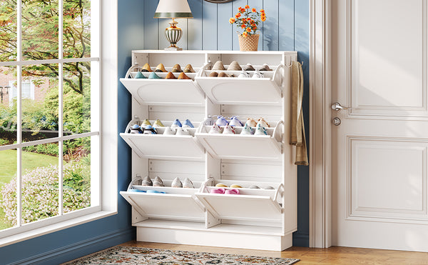 English Elm Modern Narrow Tipping Shoe Cabinet with 6 Flip Drawers, Slim 9.45" Space-Saving Cream Organizer with Hooks and Adjustable Shelves for Entryway (Fits 12–24 Pairs) White N721P288699K