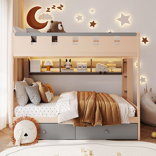English Elm Full Size Castle Bunk Bed with Led Lighting Built in Shelf and Storage Drawers Gray LT000159AAE