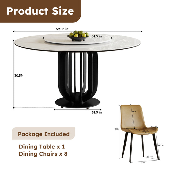 English Elm 59" Round Sintered Stone Dining Table With Lazy Susan - Durable, Modern Design For 8 Guests! W2699S00039