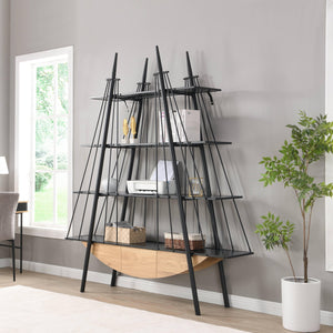 English Elm Sailboat-Inspired Industrial 4-Tier Bookshelf with Drawer — Nautical MDF & Metal Display Rack for Home Decor Black W2317P253500