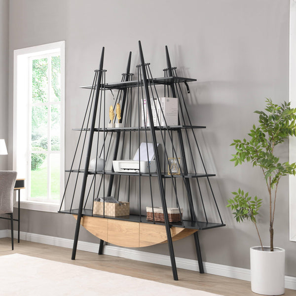 English Elm Sailboat-Inspired Industrial 4-Tier Bookshelf with Drawer — Nautical MDF & Metal Display Rack for Home Decor Black W2317P253500
