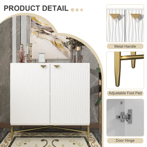English Elm 2 Door White Locker Accent Cabinet with Gold Spindle Legs, Diamond Ripple Doors, Adjustable Shelves, Modern Storage Elegance T3609P347437