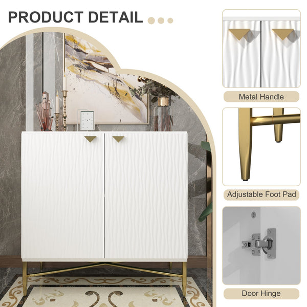 English Elm 2 Door White Locker Accent Cabinet with Gold Spindle Legs, Diamond Ripple Doors, Adjustable Shelves, Modern Storage Elegance T3609P347437