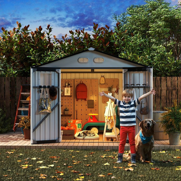 English Elm Outdoor Metal Storage Shed 8x8 Ft with Four Windows and Lockable Double Doors White W1598S00037
