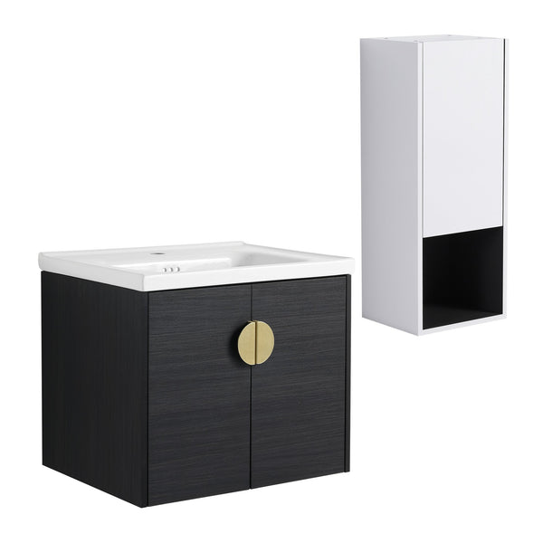 English Elm 24" Wall-Mounted Bathroom Vanity With Ceramic Sink & Side Cabinet - Soft Close Doors, Stylish Storage W999S00328