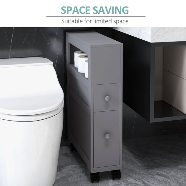 English Elm HOMCOM Slim Rolling Bathroom Storage Cabinet 6.25" W x 28.25" H Gray MDF, 2 Drawers & Shelf, Locking Wheels, 45 lb Capacity W2225P200615