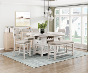 English Elm Modern Farmhouse Counter Height Bench Whitewashed Wood Frame Gray Upholstered Seat B011P416555