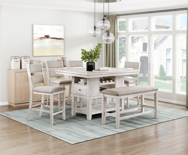 English Elm Modern Farmhouse Counter Height Bench Whitewashed Wood Frame Gray Upholstered Seat B011P416555