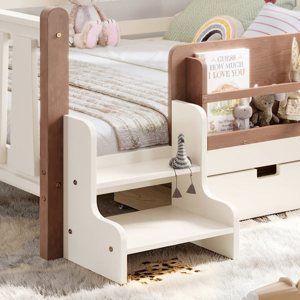 English Elm Queen Bunk Bed with Trundle Solid Pine Kids Car Themed Frame Built-in Bookshelf Beige W1580S00542