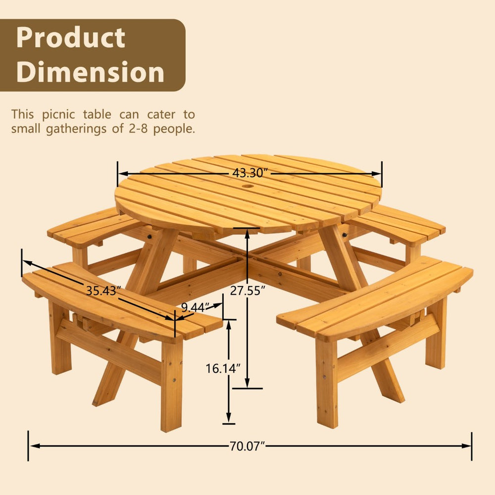 English Elm 8 Person Round Fir Wood Picnic Table with Four Built-in Benches for Outdoor Dining W1422P354744