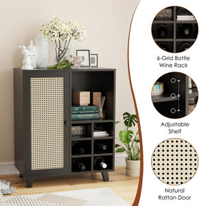 English Elm Rattan Cane Front Sideboard with Drawers Adjustable Shelf Bohemian Storage Cabinet Black T3623P434767