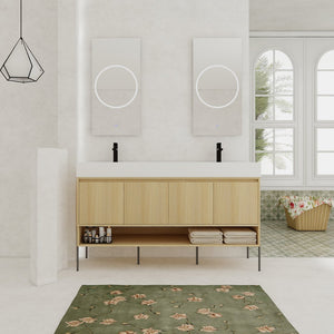 English Elm 60" Oak Bathroom Vanity Combo with Resin Basin, 4-Door Storage, Multi-Layer Wood Frame, Modern Elegance W1972S00011