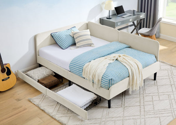 English Elm Full Velvet Upholstered Platform Bed Full Size with 2 Underbed Storage Drawers, Foam Seat, Modern Design Beige W1413P298911