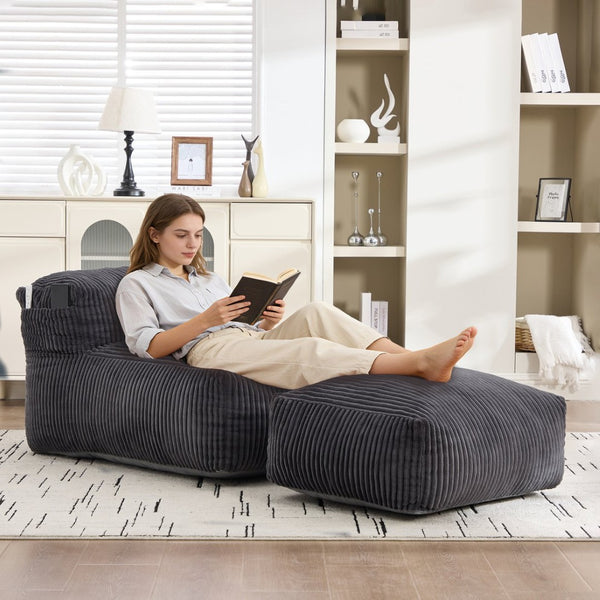 English Elm Big Corduroy Lounger Bean Bag with Ottoman Memory Foam Fill for Living Room Dark Gray W395P435355