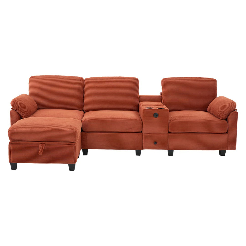 English Elm United Corduroy L-Shaped 4-Seater Sofa With Usb, Cup Holders & Storage Ottoman - Perfect For Apartments! W1568S00225-GIGA
