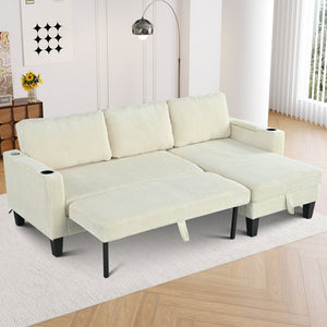 English Elm Reversible Sectional Sofa with Storage Chaise, USB Ports, Cup Holders, Corduroy Sleeper Sofa for Home Comfort Beige W680S00033