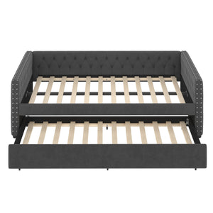 English Elm Full Size Daybed With Twin Trundle, Elegant Upholstered Sofa Bed, Button Tufted Gray Design W1580S00081