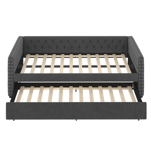 English Elm Full Size Daybed With Twin Trundle, Elegant Upholstered Sofa Bed, Button Tufted Gray Design W1580S00081