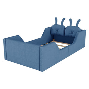 English Elm Twin Kids Platform Bed Teddy Fabric Upholstered with Bunny Cushions and Safety Rails Blue W2593P395808