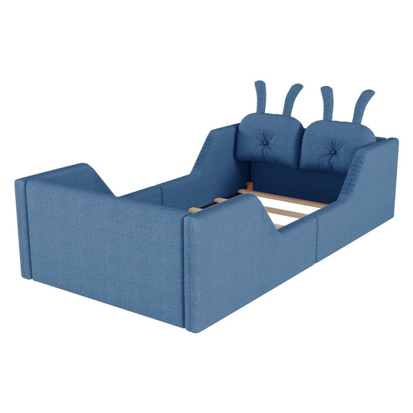 English Elm Twin Kids Platform Bed Teddy Fabric Upholstered with Bunny Cushions and Safety Rails Blue W2593P395808